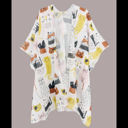 A white open-front kimono cardigan featuring a playful all-over print of cartoon cats in yellow, orange, black, and grey