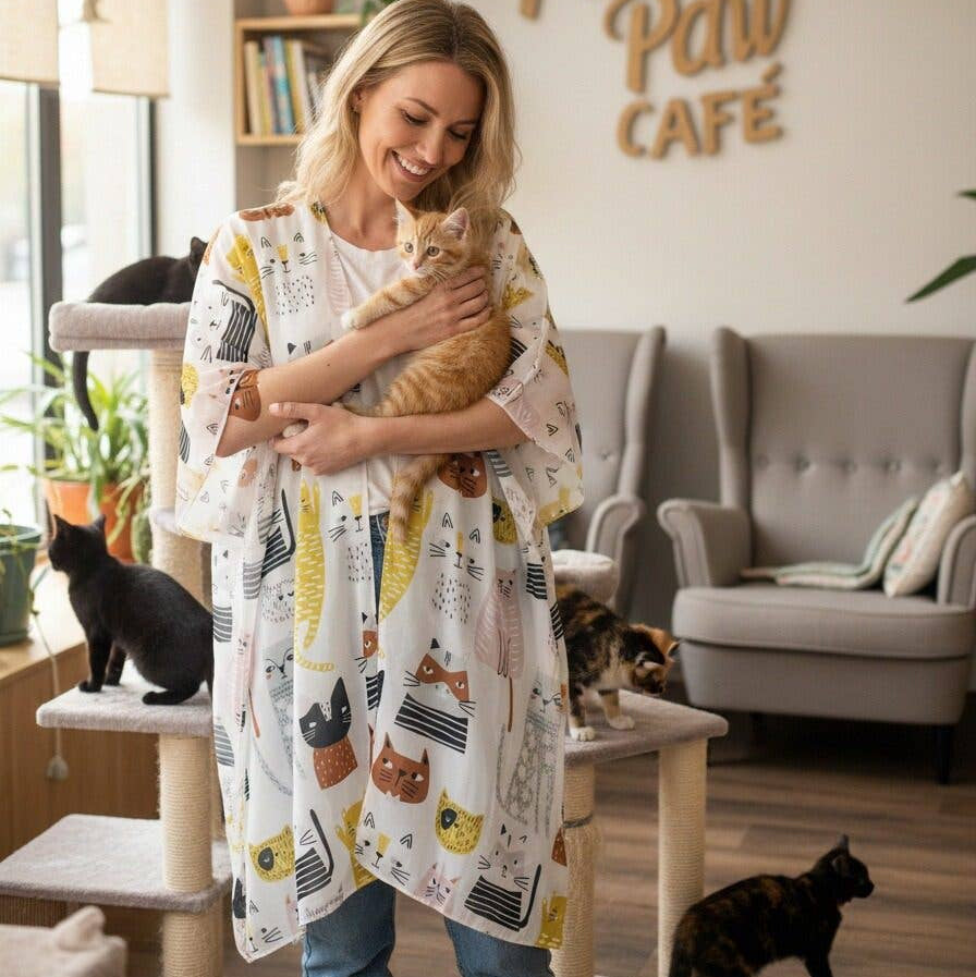 A woman in a cosy living room holds an orange tabby cat while wearing a white poncho-style blanket with a colourful cartoon cat print