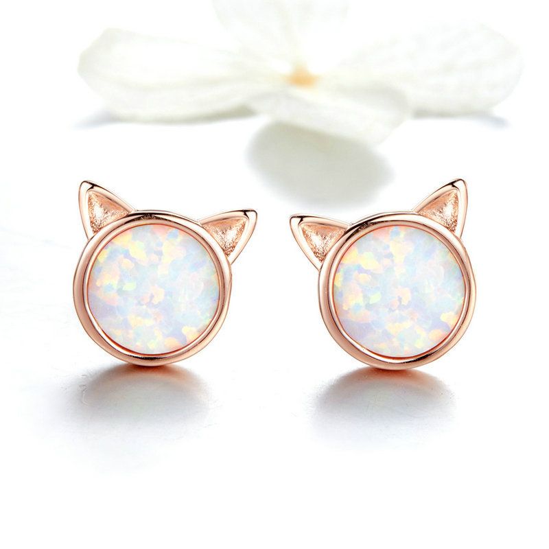 Opal Cat Head Rose Gold Ear Studs