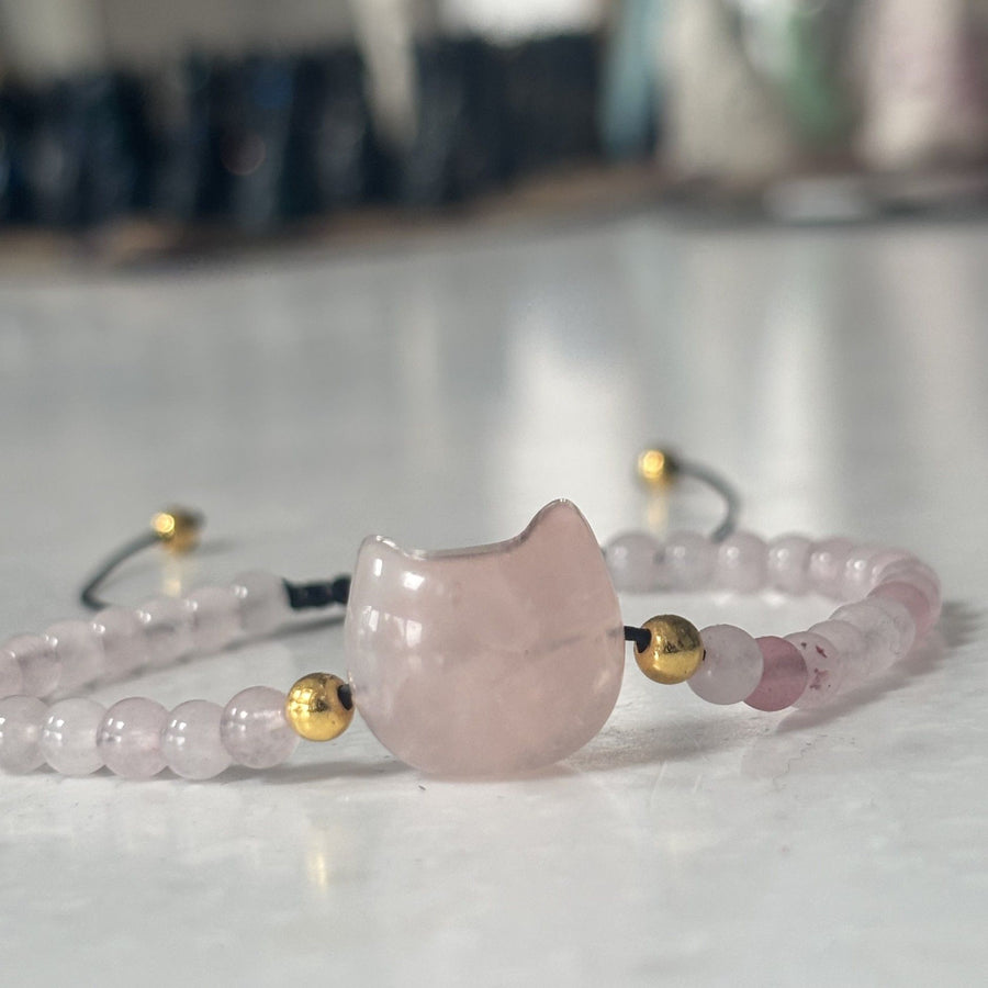 Cat Head Rose Quartz Friendship Bracelet