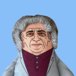 Sadiq Khan catnip cat toy, soft fabric doll in grey suit and burgundy shirt. Closeup of face and fluffy hair