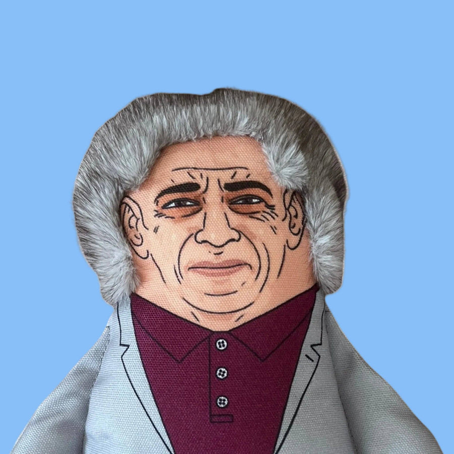 Sadiq Khan catnip cat toy, soft fabric doll in grey suit and burgundy shirt. Closeup of face and fluffy hair