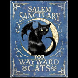 A vintage-style metal sign featuring a black cat with bat wings sitting on a cream crescent moon against a distressed blue background. The text reads 'SALEM SANCTUARY FOR WAYWARD CATS