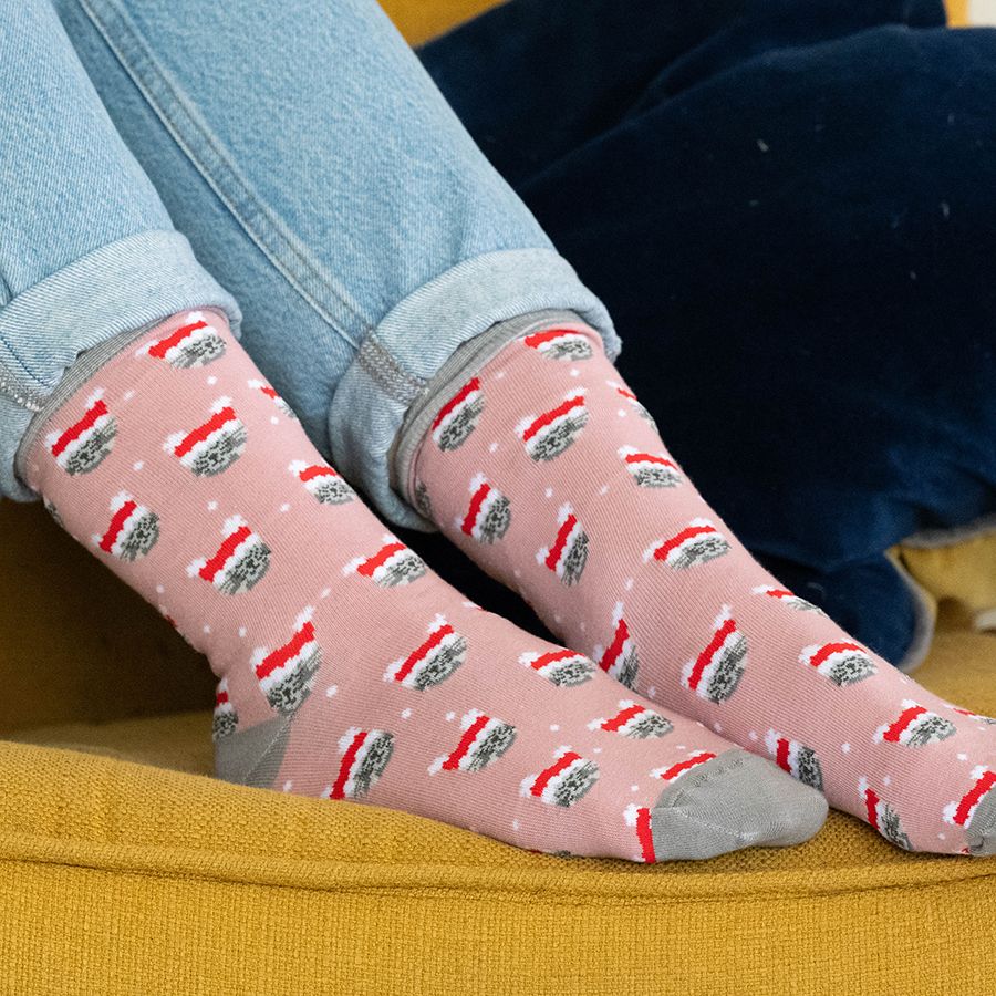 Santa Hat Grey Cat Socks, UK 4-7