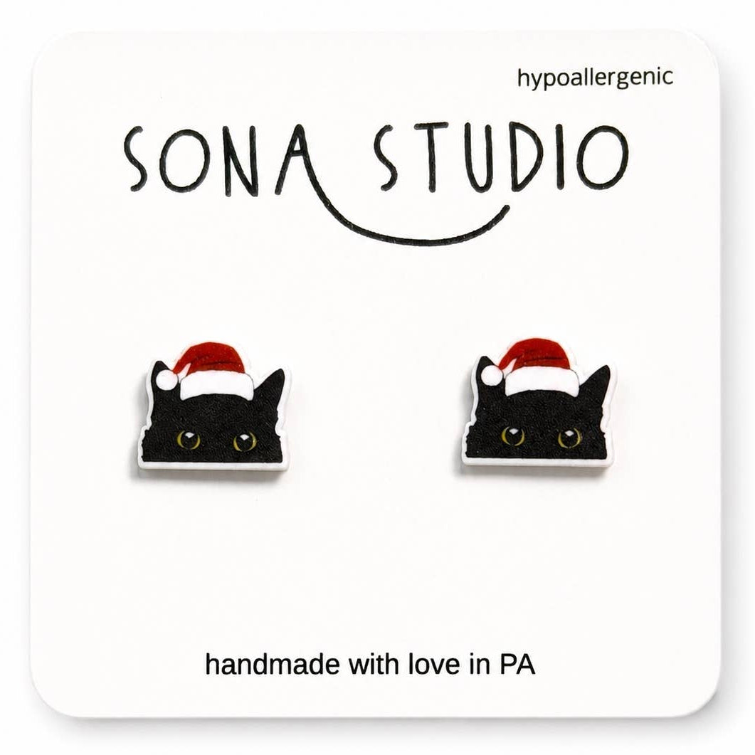 Santa Hat Black Cat Earrings