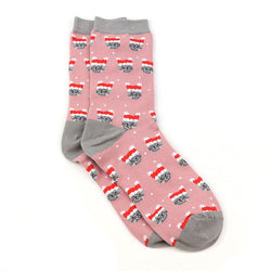 A flat pair of pink socks against a white background. Illustrated with grey tabby cat faces wearing santa hats. 