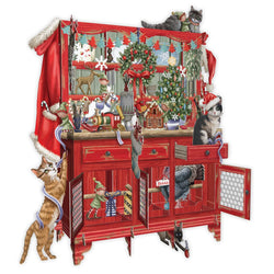 3D pop up card of Santa's Dresser, a red cabinet full of festive decor and several cats