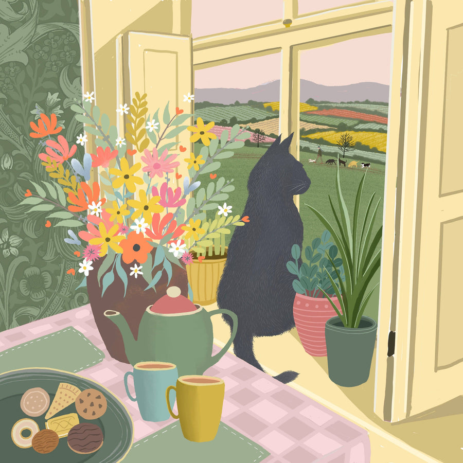A cosy illustrated interior scene with a black cat sitting by an open window and looking out onto a green field