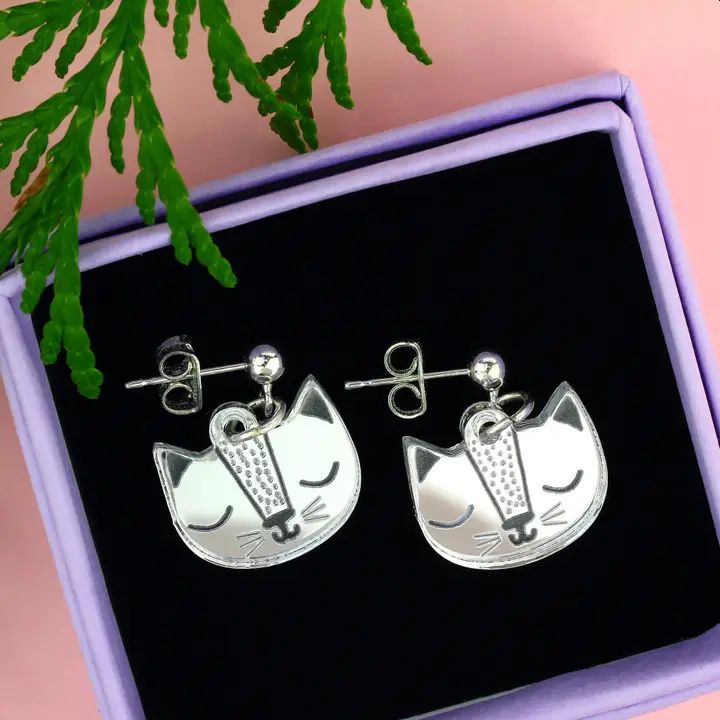 Silver Cat Acrylic Earrings