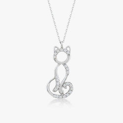 Silver cat-shaped pendant necklace with crystal decoration on a white background
