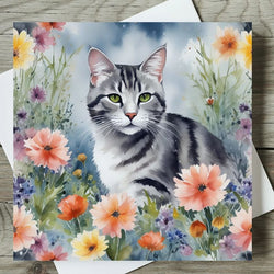 Silver Tabby Cat Watercolour Card
