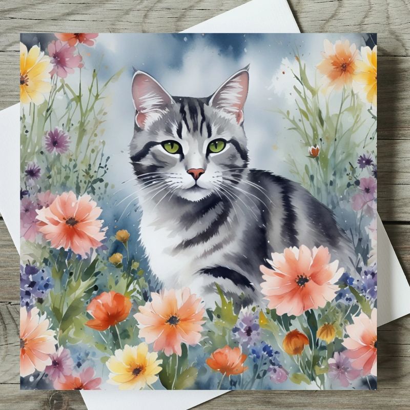 Silver Tabby Cat Watercolour Card