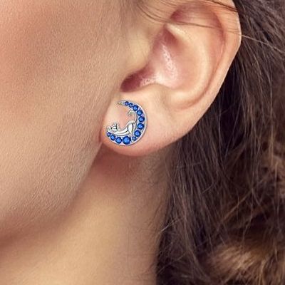 Close-up of an ear wearing a blue and silver cat earring