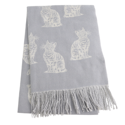 A light gray woven scarf with a repeating pattern of white cat silhouettes and fringed edges, shown on a plain white background.