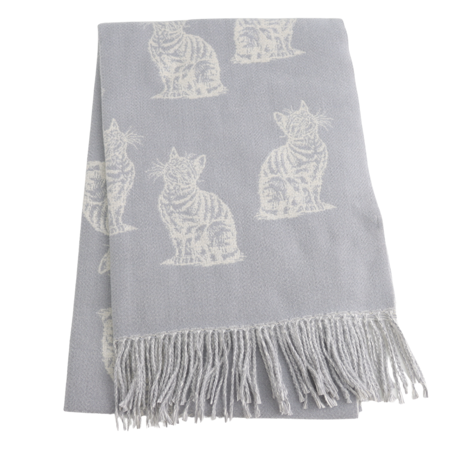 A light gray woven scarf with a repeating pattern of white cat silhouettes and fringed edges, shown on a plain white background.