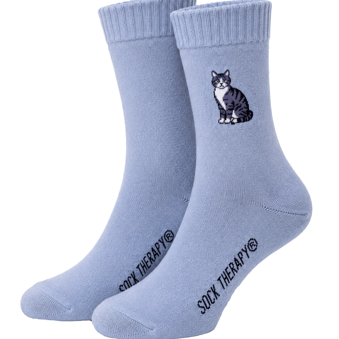 Silver Tabby Embroidered Socks, UK4-7