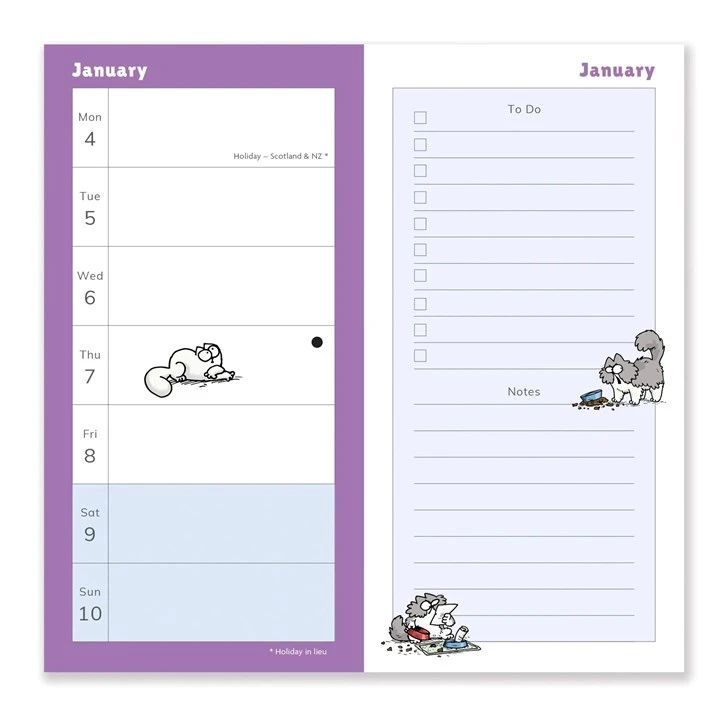 January 2027 inside spread from the Simon's Cat Diary featuring small cartoons and space for To Do's and engagements