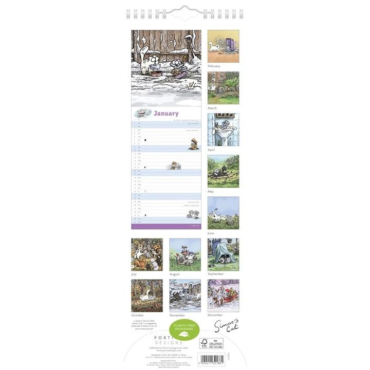 Calendar with illustrations of cats in various outdoor settings on a white background