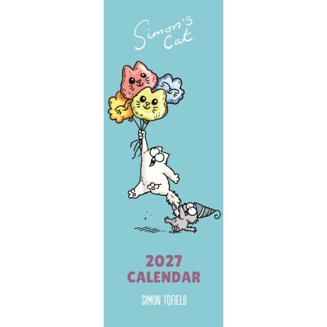 Front cover of Simons Cat 2027 slimline calendar featuring Simon's Cat holding cat shaped balloons on a blue background