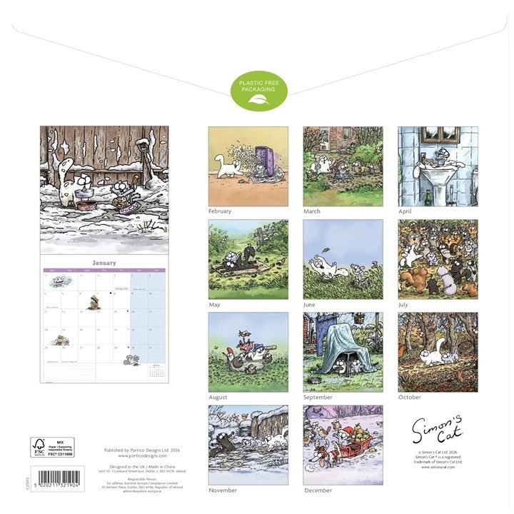 Calendar with illustrations of a cats in various scenarios, with a visible brand logo, Simons Cat.