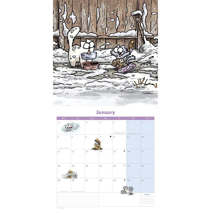 A printed cat calendar page featuring a whimsical winter illustration at the top and a January monthly calendar grid below