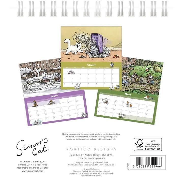 Calendar with illustrations of a cat and various scenes, featuring the brand 'Simon's Cat'.