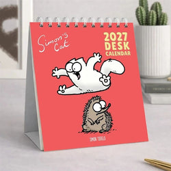 2027 Desk Calendar with cartoon cat characters on a red background