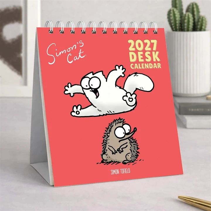 2027 Desk Calendar with cartoon cat characters on a red background