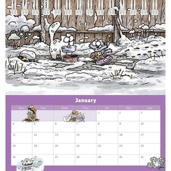 Calendar with cartoon illustration of cats in a snowy January scene