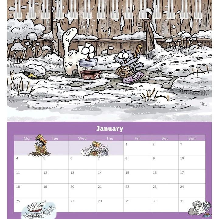 Calendar with cartoon illustration of cats in a snowy January scene