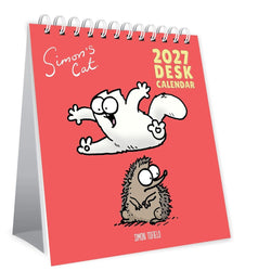 2027 desk calendar with cartoon cat characters on a red background