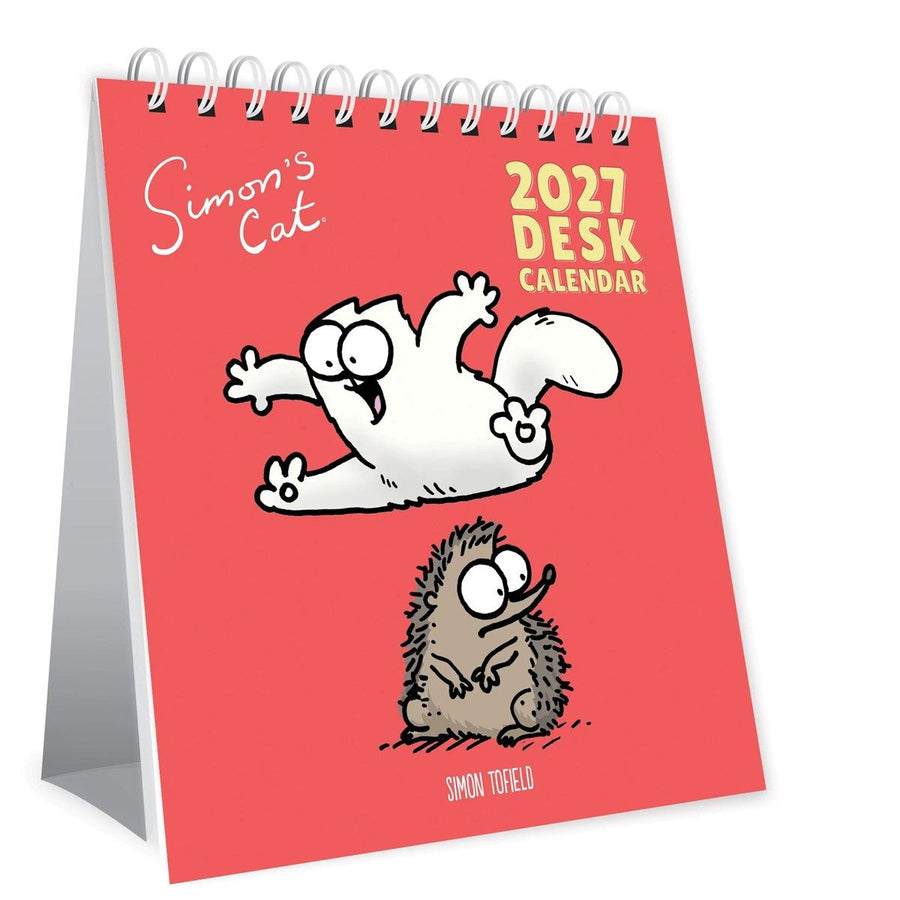 2027 desk calendar with cartoon cat characters on a red background