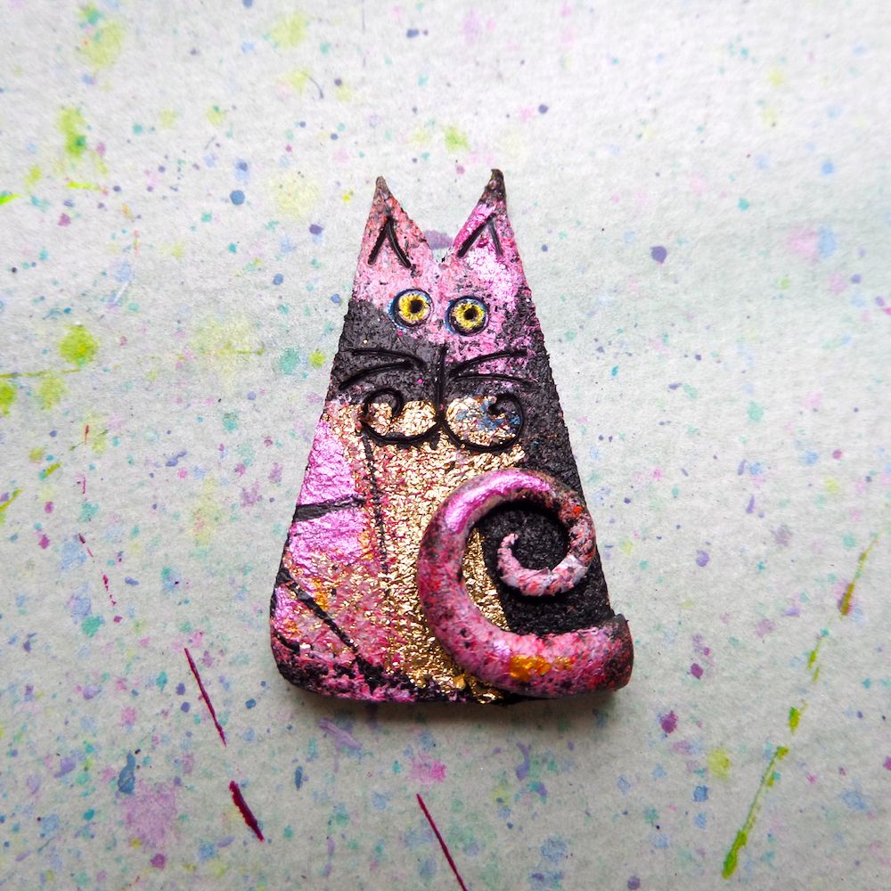Pink Cat Art Brooch