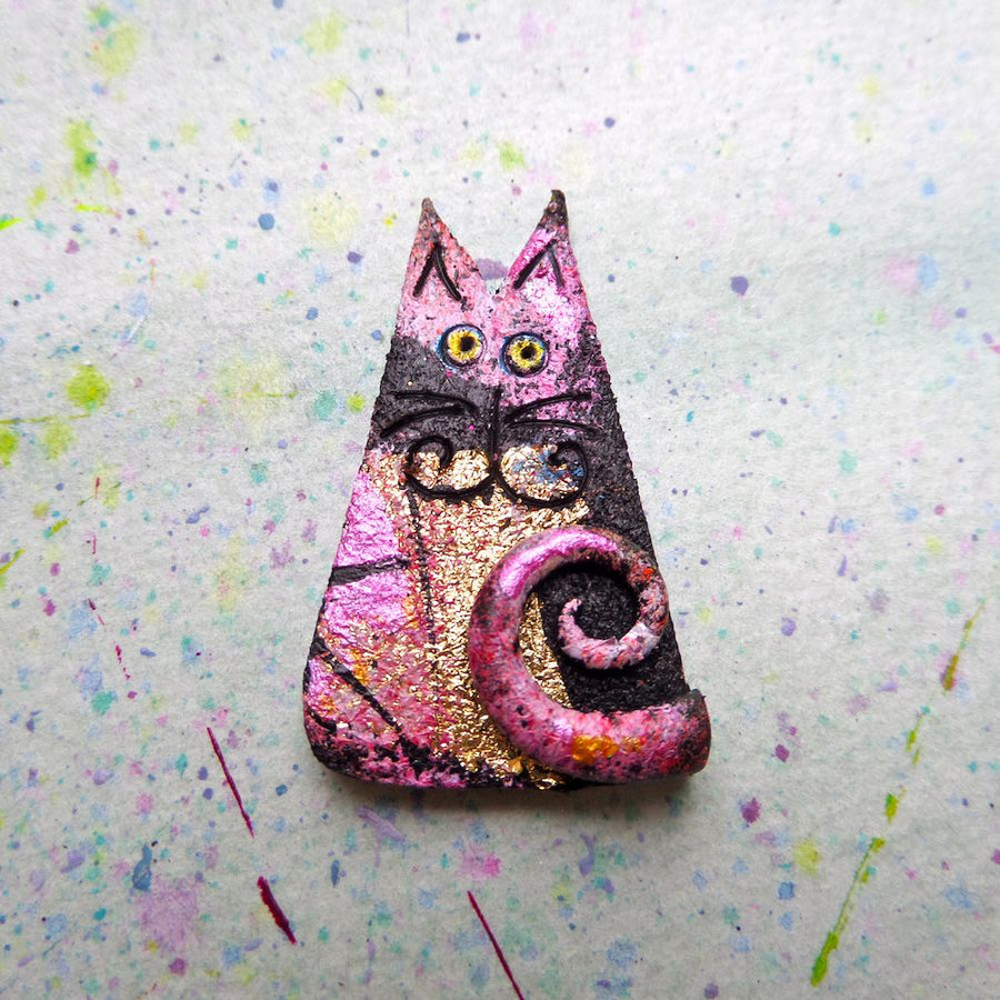 Pink Cat Art Brooch