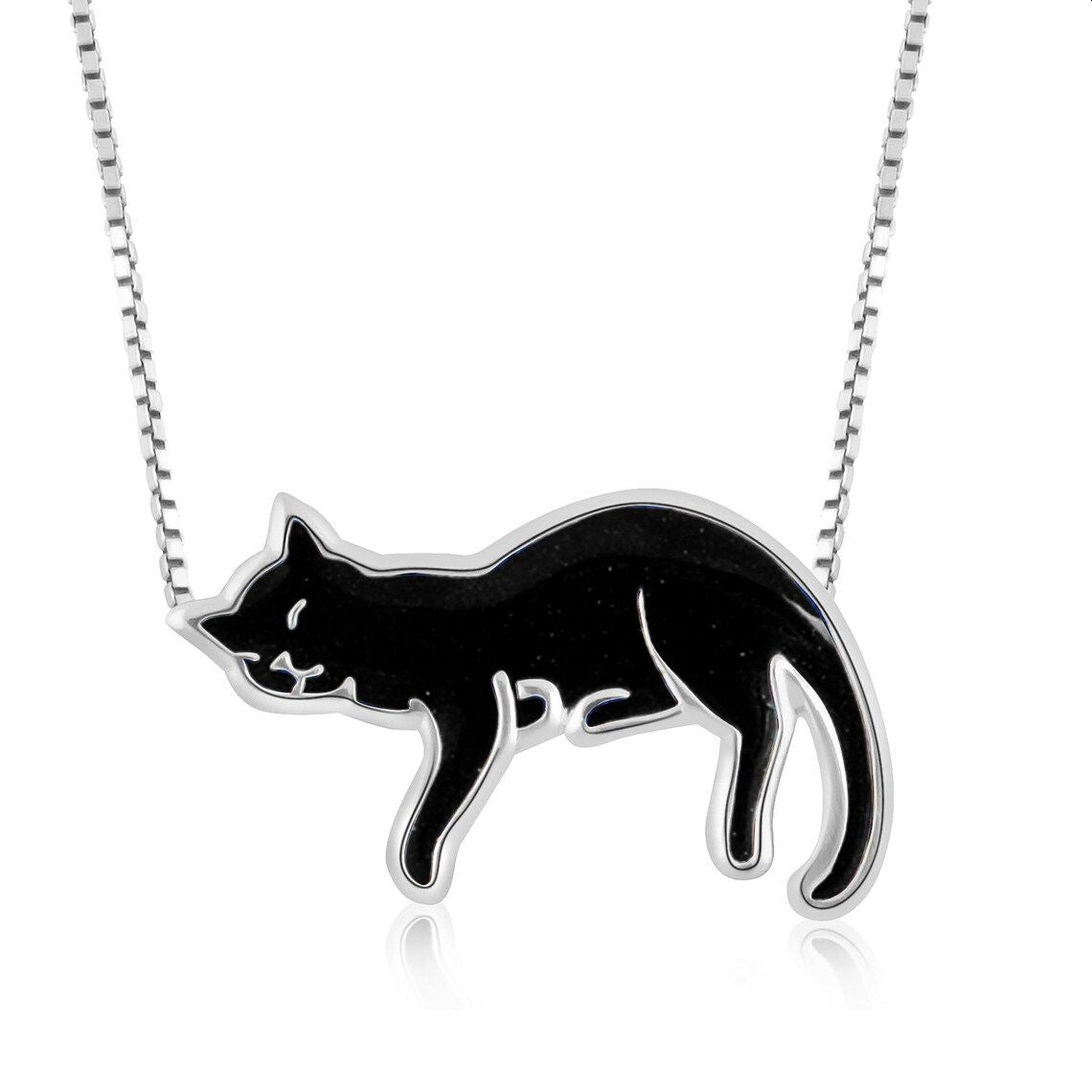 Black Enamel Sleeping Cat Necklace