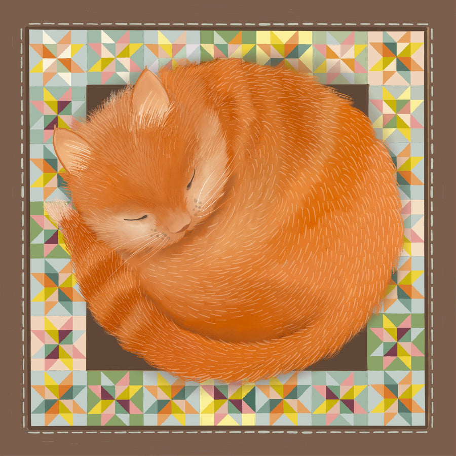 A square card design featuring a sleeping orange tabby cat curled up inside a decorative quilt-style border