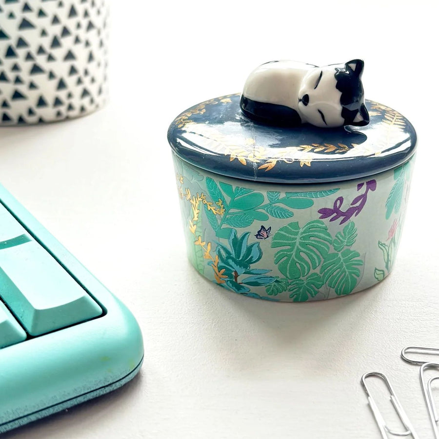 Decorative container with a black and white cat figurine on top, surrounded by office supplies on a light surface.