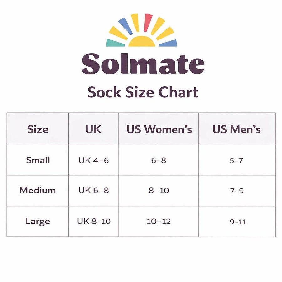 Solmate Sock Size Chart graphic showing size conversions from UK to US Women's and US Men's for Small, Medium, and Large sizes.