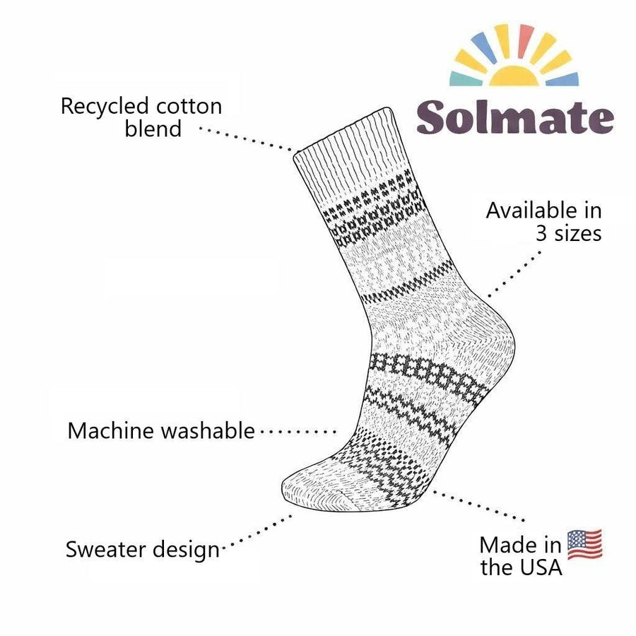 A black-and-white line drawing of a single knit sock with dotted callout lines and text describing features: recycled cotton blend, available in 3 sizes, machine washable, sweater design, and made in the USA.