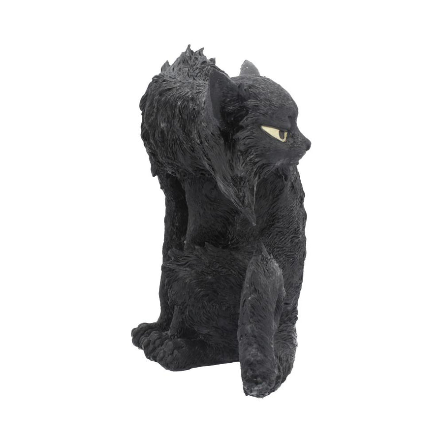 Side view of Spite Black Cat resin ornament on a white background