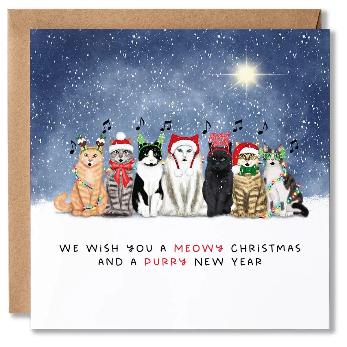 Starry Night Singing Cats Christmas Card