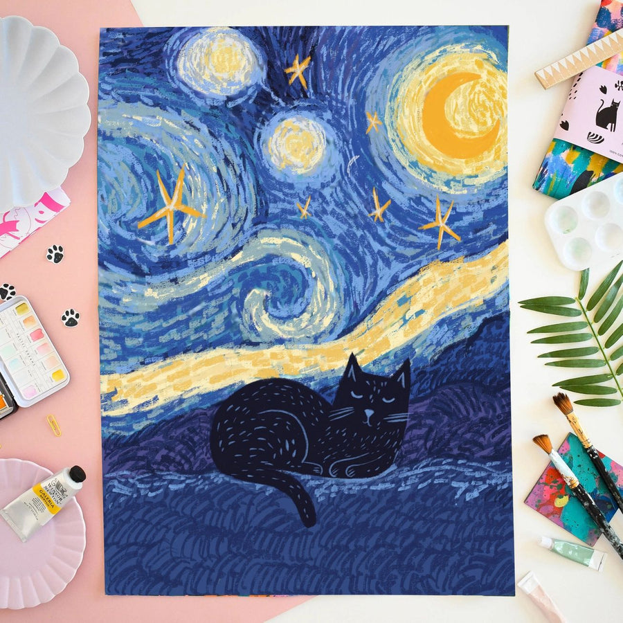 Starry Night Cat Tea Towel
