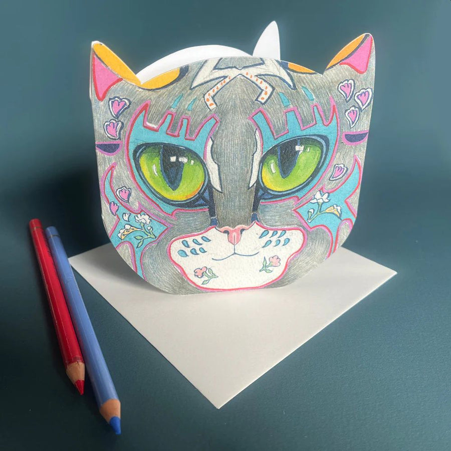 Grey Cat Face Die Cut Greetings Card