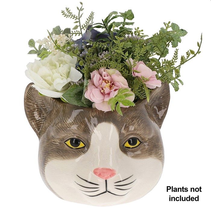 Large Tabby Grey Cat Planter