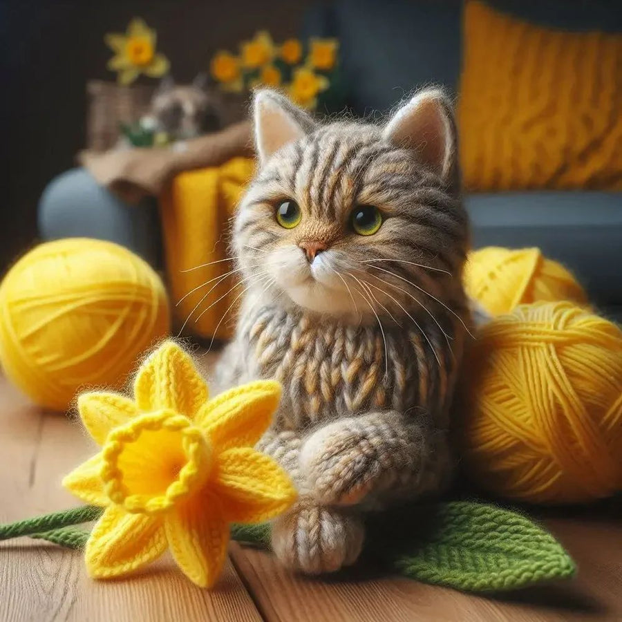Knitted Tabby Cat Spring Card