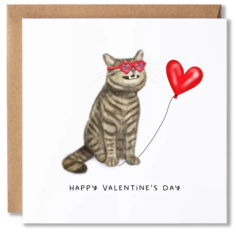 Tabby Cat Love Balloon Valentines Card