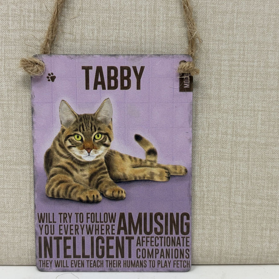 A rectangular hanging sign with a lavender background, featuring a painted tabby cat and the name 'TABBY', with humorous text about an intelligent affectionate companion. 