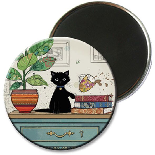 Black Kitty Fridge Magnet cat knocking a cup off a table