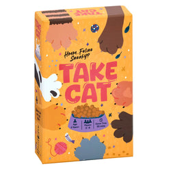 Box labelled Take Cat and featuring cat paws trying to grab a bowl of food.