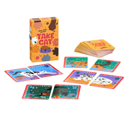 Take Cat game with box and scattered game cards on white background